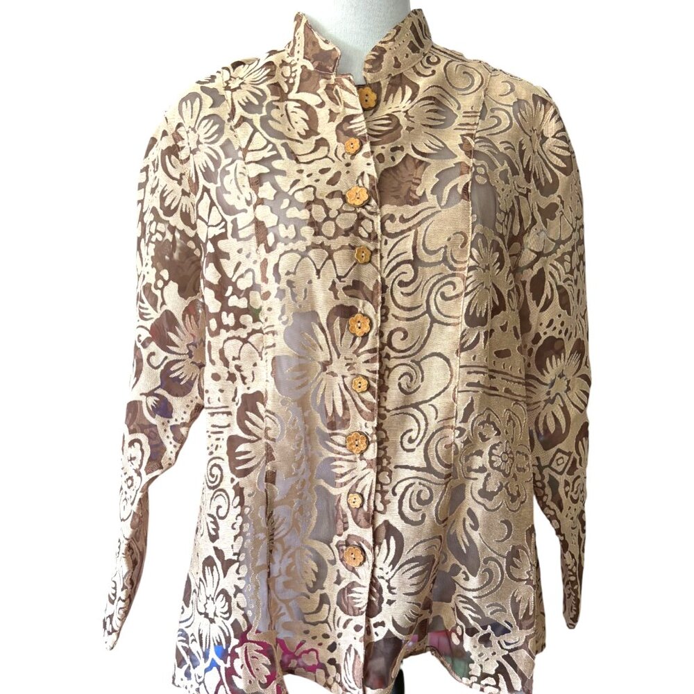 Coldwater Creek Women's tan floral sheer mesh long sleeve button up shirt sz M